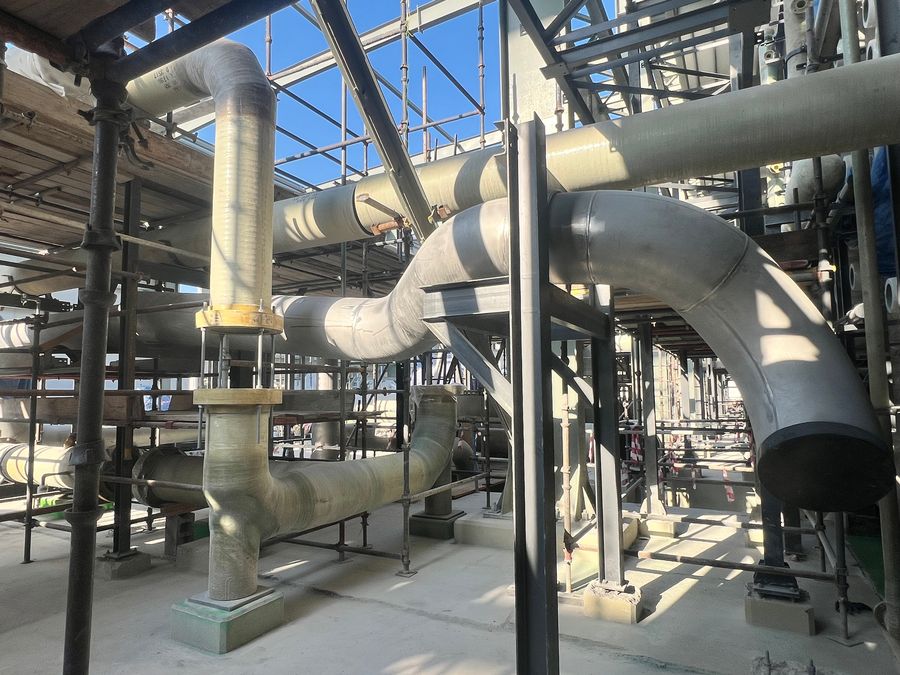 Large-bore duplex stainless steel piping on a desalination plant site
